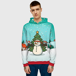 Толстовка-худи мужская Снеговик - Новогодний Зож, цвет: 3D-красный — фото 2