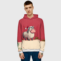 Толстовка-худи мужская Новогодняя лошадка с прищуренным взглядом, цвет: 3D-белый — фото 2