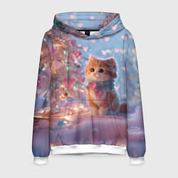 Толстовка-худи мужская Маленький котенок у сияющей елочки, цвет: 3D-белый