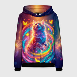 Толстовка-худи мужская Игривый кот в неоновых всполохах, цвет: 3D-черный