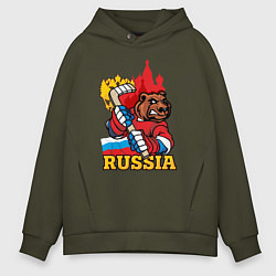 Толстовка оверсайз мужская Хоккей Россия, цвет: хаки