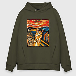 Толстовка оверсайз мужская Кот пародия на Крик Мунка, цвет: хаки