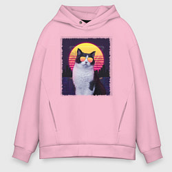 Толстовка оверсайз мужская Synthwave cat, цвет: светло-розовый