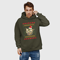 Толстовка оверсайз мужская Рождественский свитер кашляющий кот, цвет: хаки — фото 2