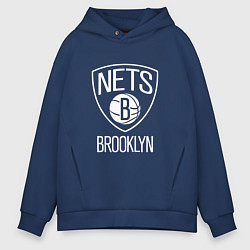 Толстовка оверсайз мужская Бруклин Нетс логотип, цвет: тёмно-синий