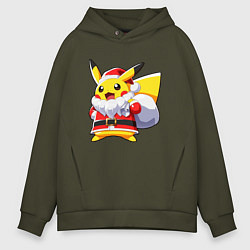 Толстовка оверсайз мужская НОВОГОДНИЙ ПИКАЧУ САНТА КЛАУС, цвет: хаки