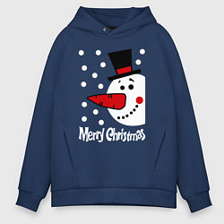 Толстовка оверсайз мужская Merry Christmas: снеговик в шляпе, цвет: тёмно-синий
