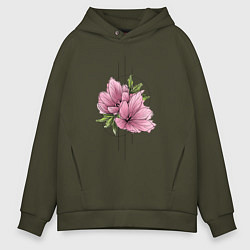 Толстовка оверсайз мужская Акварельный розовой цветок, цвет: хаки
