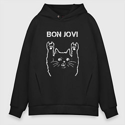 Толстовка оверсайз мужская Bon Jovi Рок кот, цвет: черный