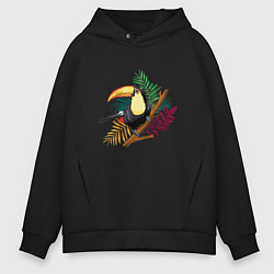 Толстовка оверсайз мужская Птица Тукан на тропической ветке, цвет: черный