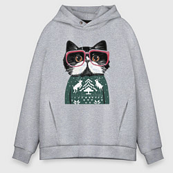 Толстовка оверсайз мужская Умный кот в очках в новогоднем свитере, цвет: меланж