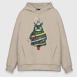 Толстовка оверсайз мужская Тоторо - Новогодняя ёлка, цвет: миндальный
