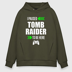 Толстовка оверсайз мужская I paused Tomb Raider to be here с зелеными стрелка, цвет: хаки