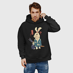Толстовка оверсайз мужская Кролик самурай с мечом, цвет: черный — фото 2