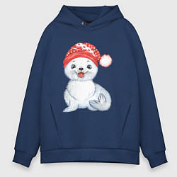 Толстовка оверсайз мужская Новогодний тюлень, цвет: тёмно-синий