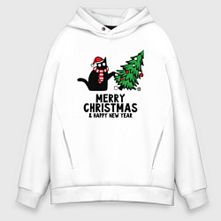 Толстовка оверсайз мужская Кот роняет новогоднюю ёлку, цвет: белый