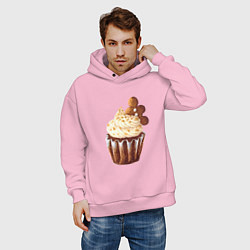 Толстовка оверсайз мужская Новогодний капкейк с имбирным человечком, цвет: светло-розовый — фото 2