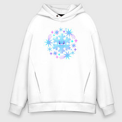 Толстовка оверсайз мужская Смешная снежинка с разноцветными звездами, цвет: белый