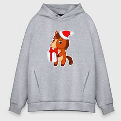 Толстовка оверсайз мужская Мультяшная лошадка в шапке Санты, цвет: меланж