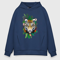 Толстовка оверсайз мужская Голова Тигра среди листьев и цветов, Тигр символ 2, цвет: тёмно-синий