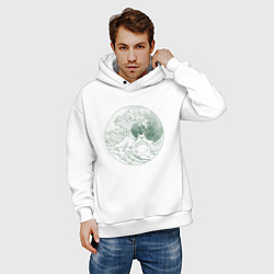 Толстовка оверсайз мужская Тоторо серфит на большой волне в канагаве - зелены, цвет: белый — фото 2