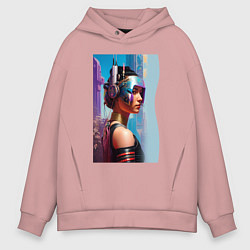Толстовка оверсайз мужская Girl in helmet - cyberpunk - neural network, цвет: пыльно-розовый