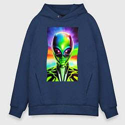 Толстовка оверсайз мужская Alien - neural network - neon glow - pop art, цвет: тёмно-синий