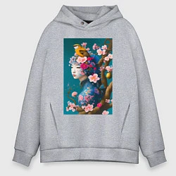 Толстовка оверсайз мужская Девушка с птицей на фоне цветущей сакуры, цвет: меланж