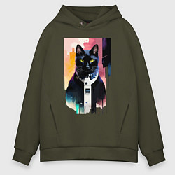 Толстовка оверсайз мужская Чёрный кот - киберпанк, цвет: хаки