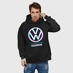Толстовка оверсайз мужская Значок Volkswagen в стиле glitch, цвет: черный — фото 2