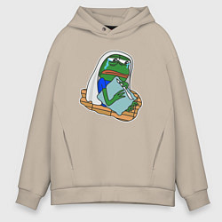 Толстовка оверсайз мужская Лягушонок Пепе рыдате в подушку, цвет: миндальный