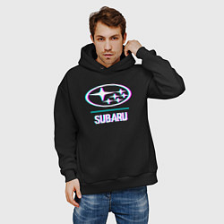 Толстовка оверсайз мужская Значок Subaru в стиле glitch, цвет: черный — фото 2