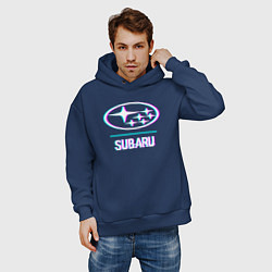 Толстовка оверсайз мужская Значок Subaru в стиле glitch, цвет: тёмно-синий — фото 2