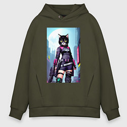 Толстовка оверсайз мужская Крутая чёрная кошечка - киберпанк, цвет: хаки