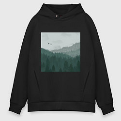 Толстовка оверсайз мужская Туманные холмы и лес, цвет: черный