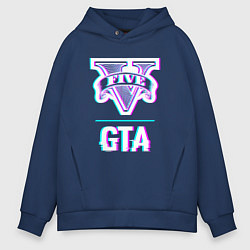 Толстовка оверсайз мужская GTA в стиле glitch и баги графики, цвет: тёмно-синий