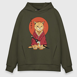 Толстовка оверсайз мужская Samurai kimono cat, цвет: хаки