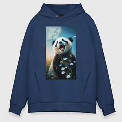 Толстовка оверсайз мужская Панда с цветочками, цвет: тёмно-синий