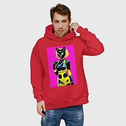 Толстовка оверсайз мужская Black cat - fashionista - pop art - neural network, цвет: красный — фото 2