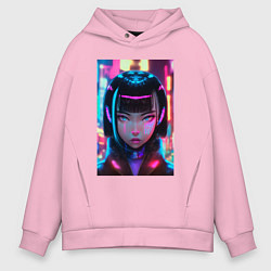 Толстовка оверсайз мужская Девушка киберпанк с черными волосами, цвет: светло-розовый