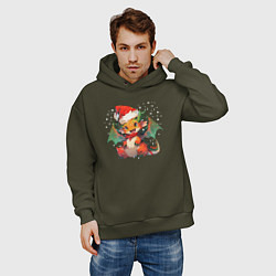 Толстовка оверсайз мужская Red christmas dragon, цвет: хаки — фото 2