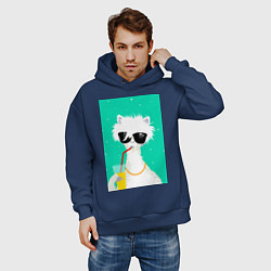 Толстовка оверсайз мужская Лама-альпака на чиле с бокалом, цвет: тёмно-синий — фото 2