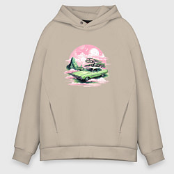Толстовка оверсайз мужская Ретро автомобиль на розовом закате, цвет: миндальный