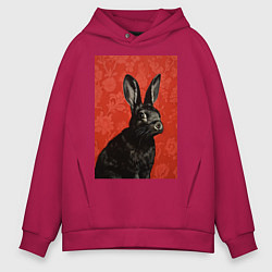 Толстовка оверсайз мужская Черный кролик на красном фоне, цвет: маджента