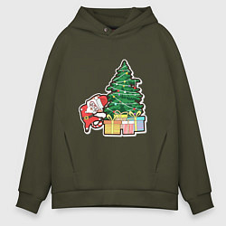 Толстовка оверсайз мужская Котик Дед Мороз, цвет: хаки