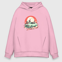 Толстовка оверсайз мужская Старое авто на оранжевом небесном фоне, цвет: светло-розовый
