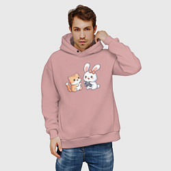 Толстовка оверсайз мужская Котик играет с кроликом, цвет: пыльно-розовый — фото 2