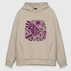Толстовка оверсайз мужская Орнамент с попугаем и растениями, цвет: миндальный
