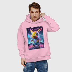 Толстовка оверсайз мужская Cyber Pikachu - neon glow ai art fantasy, цвет: светло-розовый — фото 2