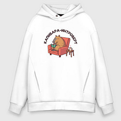 Толстовка оверсайз мужская Капибара интроверт уютно сидит в кресле и читает к, цвет: белый